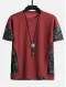 Mens Ethnic Paisley Print Stitching Texture Streetwear Short Sleeve T-Shirts