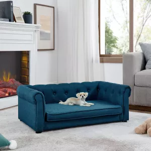 Blue Tufted Dog Sofa Bed with Foam Padding, Rolled Arms and Raised Base for Indoor Lounging W487P220228