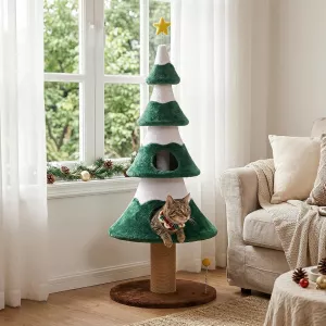 62-Inch Christmas Tree Cat Tower with Dual Hideaways, Sisal Scratching Post and Plush Platforms – Green T6051P596206