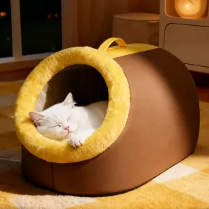 #0583 - Enclosed Plush Pet Bed with Carry Handle for Cats and Small Dogs