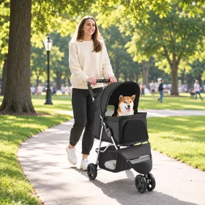 3-Wheel Folding Pet Stroller for Small Dogs and Cats with Mesh Canopy and Storage Basket T3342P450149