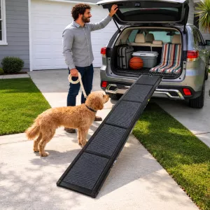 71-Inch Quad-Fold Aluminum Dog Car Ramp with Non-Slip Carpet, Carry Handle and Safety Tether W1364P439549