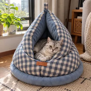 Cozy Peak Plaid Cat Cave Bed