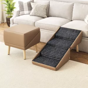 2-in-1 Folding Pet Stairs and Ottoman with Non-Slip Surface, Wood Frame and PVC Upholstery – Coffee W2641P488868